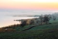 Idyllic Countryside Morning Landscape with Agriculture Field Fog Sunrise Royalty Free Stock Photo