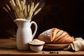 Idyllic Countryside Still Life - Clay Pitcher, Milk, Bread, and More Royalty Free Stock Photo