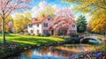 Idyllic countryside summer landscape with wooden old house near river, beautiful flowers and trees, oil painting on canvas