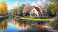 Idyllic countryside summer landscape with wooden old house near river, beautiful flowers and trees, oil painting on canvas Royalty Free Stock Photo