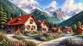 Idyllic countryside summer landscape with wooden old houses, beautiful flowers and trees with the Alp mountains in the background Royalty Free Stock Photo