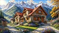 Idyllic countryside summer landscape with wooden old houses, beautiful flowers and trees with the Alp mountains in the background Royalty Free Stock Photo