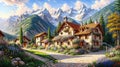 Idyllic countryside summer landscape with wooden old houses, beautiful flowers and trees with the Alp mountains in the background