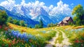 Idyllic countryside summer landscape with wooden old houses, beautiful flowers and trees with the Alp mountains in the background Royalty Free Stock Photo