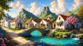 Idyllic countryside summer landscape with wooden old houses, beautiful flowers and trees with the Alp mountains in the background