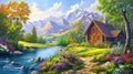 Idyllic countryside summer landscape with wooden old houses, beautiful flowers and trees with the Alp mountains in the background Royalty Free Stock Photo