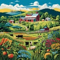 Idyllic Eco-Farm Scene in Vibrant Whimsical Art Style
