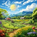 Idyllic Eco-Farm Scene in Vibrant Whimsical Art Style