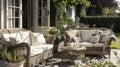 Idyllic Escape: Discovering Rustic Charm in a Countryside House Patio Garden Lounge Setting with Vintage Vibes