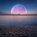 Idyllic fantasy scenery with ocean and planet on horizon