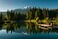 An idyllic forest by the edge of a tranquil lake, where the emerald waters reflect the lush greenery and the clear blue sky above Royalty Free Stock Photo