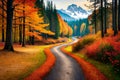 An idyllic forest trail winding through an autumn wonderland, with trees ablaze in red, orange, and yellow, creating a stunning