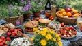 An idyllic garden picnic setting for Easter breakfast with sandwiches, strawberries, fresh bread and fruits