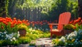 Idyllic Garden Retreat with Red Adirondack Chair Surrounded by Tulips Royalty Free Stock Photo