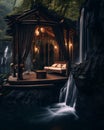 Idyllic Gazebo Enveloped by Lush Vegetation and Majestic Waterfalls - A Serene Oasis in the Heart of Nature Royalty Free Stock Photo