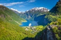Geiranger fjord and village at sunset, Norway, Northern Europe Royalty Free Stock Photo
