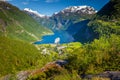 Geiranger fjord and village at sunset, Norway, Northern Europe Royalty Free Stock Photo