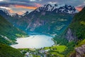 Geiranger fjord and village at sunset, Norway, Northern Europe Royalty Free Stock Photo