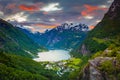 Geiranger fjord and village at sunset, Norway, Northern Europe Royalty Free Stock Photo
