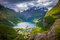 Geiranger fjord and village at sunset, Norway, Northern Europe Royalty Free Stock Photo