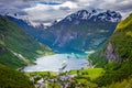 Geiranger fjord and village at sunset, Norway, Northern Europe Royalty Free Stock Photo