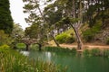 Idyllic Golden Gate Park with bridge over lake