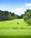 Idyllic golf course with forest and golf flag