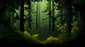 Idyllic green forest with abundant foliage and fallen leaves, AI-generated.