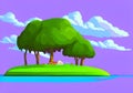 Idyllic Green Island Illustration with Trees and Stunning Purple Sky With White Clouds Royalty Free Stock Photo