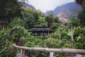 Idyllic house with beautiful flower garden along the steep mountain in Santa Cruz la Laguna, Guatemala