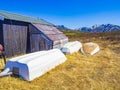 Idyllic hut with fishing boats near vavatn lake Hemsedal Norway Royalty Free Stock Photo