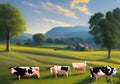 Idyllic Illustration of Countryside with Grazing Cows, a House and a Blue Sky