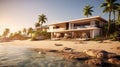 An idyllic image of a luxurious villa nestled on a pristine beach, with private access to the ocean and thoughtfully designed