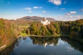 Idyllic lake hill castle of Trakoscan in Zagorje region aerial view Royalty Free Stock Photo
