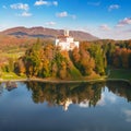 Idyllic lake hill castle of Trakoscan in Zagorje region aerial view Royalty Free Stock Photo