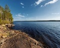 Idyllic lakeside in northern Sweden with clear water and sky