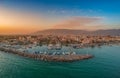Idyllic landscape above Kalamata`s Marina at sunset. Aerial photo of Kalamata city, Messenia, Peloponnese, Greece