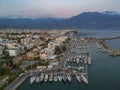 Idyllic landscape above Kalamata`s Marina at sunset. Aerial photo of Kalamata city, Messenia, Peloponnese, Greece