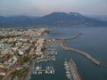 Idyllic landscape above Kalamata`s Marina at sunset. Aerial photo of Kalamata city, Messenia, Peloponnese, Greece