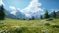 Idyllic landscape in the Alps with fresh green meadows and blooming flowers and snow-capped mountain tops in the background Royalty Free Stock Photo