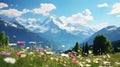 Idyllic landscape in the Alps with fresh green meadows and blooming flowers and snow-capped mountain tops in the background Royalty Free Stock Photo