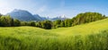 Idyllic landscape in the Alps with rollings hills and snowcapped mountain peaks in springtime Royalty Free Stock Photo