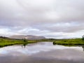 Idyllic landscape featuring a tranquil river winding its way through a lush green field in Iceland Royalty Free Stock Photo