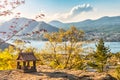 Idyllic landscape in the Japan with traditional wooden toy house and beautiful lake with mountains at the background Royalty Free Stock Photo