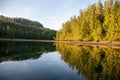 Idyllic landscape of a lake with trees mirrored in its waters in front of a wooded hillside Royalty Free Stock Photo