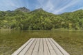 Idyllic landscape of Myojin pond at Hotaka Rear shrine in Kamikochi, Nagano, Japan