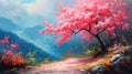 Idyllic landscape with pink sakura trees, with the Alp mountains in the background, oil painting illustration