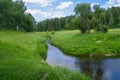 Idyllic landscape with river, forest and green meadows and hills. Serenity, peace, silence. Natural Wallpaper