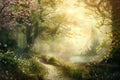 Idyllic landscape with sunlit path, cherry blossoms, and butterflies near a mystical lake Royalty Free Stock Photo