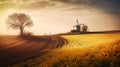 idyllic landscape windmill in a flower field, lonely tree, harvest, sunset